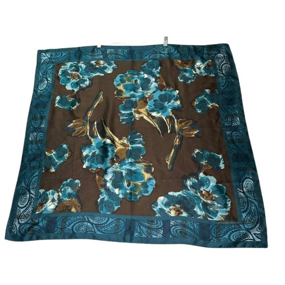 Adrienne Vittadini Scarf Womens Square 34" Brown Blue Floral Flowers Silk Vintag - Picture 7 of 11